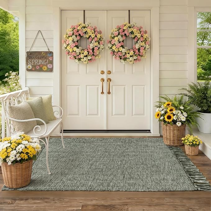 Collive 3' x 5' Indoor Outdoor Porch Rug, Sage Green Modern Farmhouse Entryway Rug Boho Front Door Mat, Hand-Woven Washable Kitchen Rugs for Patio Bedside Nursery Decor