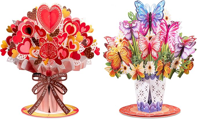 Paper Love HugePop Flower Bouquet Pop Up Cards 2 Pack - Includes 1 Heart Bouquet and 1 Butterfly Bouquet, Gift For Mothers Day, Birthday, Valentines Day, All Occasions - Jumbo 10" x 14" Card