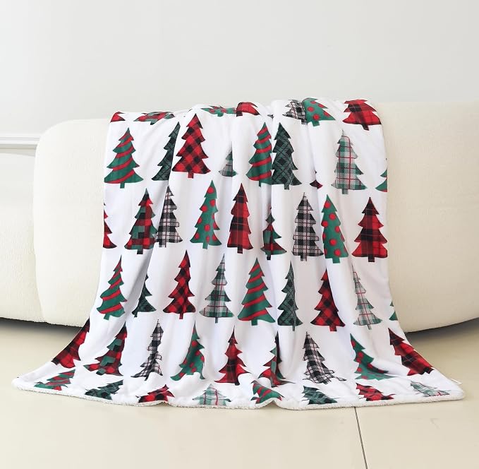 Elegant Comfort Reversible and Ultra-Plush Flannel Fleece-Winter Christmas Sherpa Throw- Lightweight Soft and Cozy-Holiday Decorative Throw, Perfect for Lounging, 50 x 60 inches, Plaid Christmas Tree