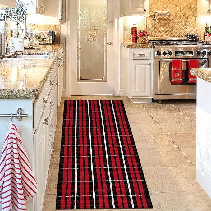 Christmas Front Door Mat Outdoor 2'X4.3' Red Plaid Porch Rug Welcome Mat | Buffalo Outdoor Rug Machine Washable Kitchen Rug Entryway Carpet Layered Door Mats Indoor Cotton Area Rug Runner for Bedroom