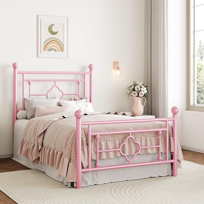 SHA CERLIN 14 Inches Twin Size Metal Platform Bed Frame/Vintage Iron-Art Headboard and Footboard/Mattress Foundation for Storage/No Box Spring Needed/Noise-Free/Easy Assembly/Pink
