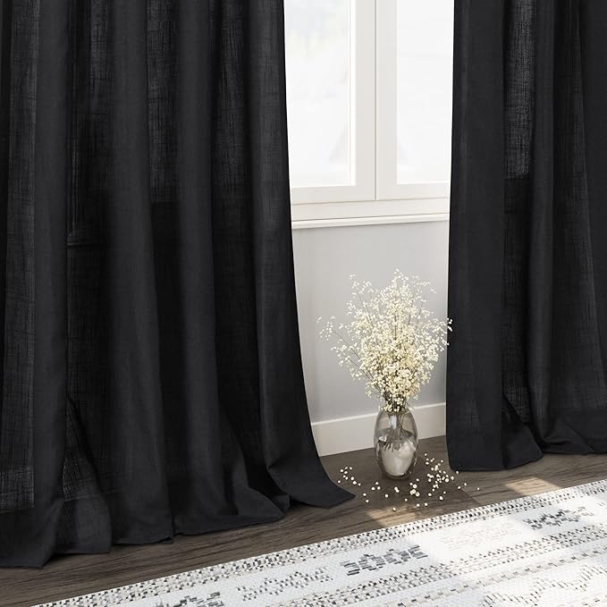 Black Sheer Linen Curtains 70 Inch Length for Living Room Lightweight Door Drapes 2 Panels Set with Back Tab Rod Pocket for Kitchen Kids Bedroom Light Filtering Protect Privacy Window Curtain W52xL70