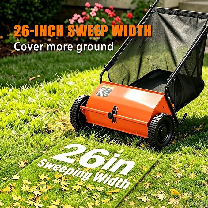 Push Lawn Sweeper, 26 in Grass Sweeper Leaf Collector with 7 Cu.ft Mesh Bag, Yard Sweeper with Adjustable Brush Height and 4 Spinning Brushes for Cleanup, Lawn Care Equipment