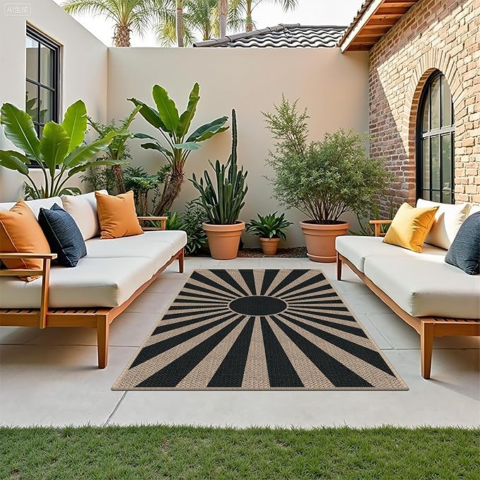 Easy Jute 3x5 Black Sun Area Rug,Washable Entryway Rug, Modern Boho Door Carpet,Neutral Non-Slip Outdoor Indoor Farmhouse Rug for Living Room Kitchen Patio Bedroom