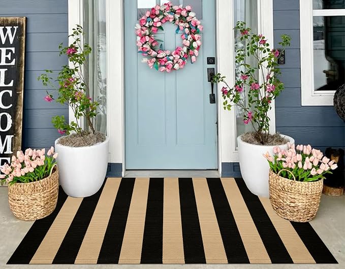 3'x5' Outdoor Rug, Black and Tan Washable Striped Porch Rug Cotton Woven Farmhouse Front Door Mats for Porch/Entryway/Home Entrance Decor/Bedroom/Laundry Room/Patio/Front Door