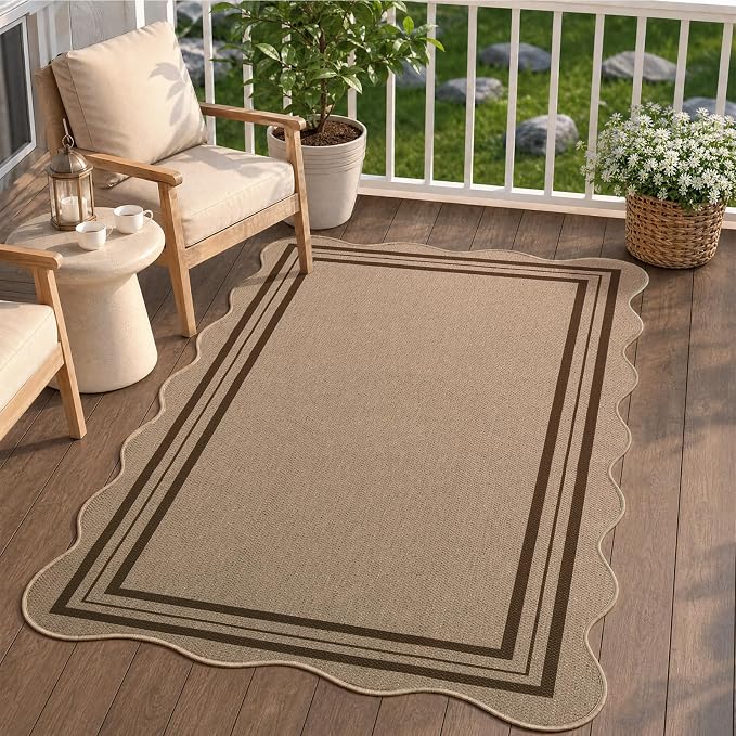 EDIMENS Scalloped Easy Jute 3x5 Outdoor Rug, Washable Non-Slip Geometric Tan Rugs for Entryway, Indoor Outdoor Farmhouse Rug Modern Carpet Door Mat Area Rug for Patio Living Room Porch Kitchen