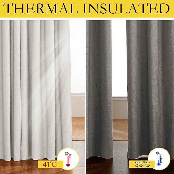 NICETOWN 100% Absolutely Blackout Linen Curtains with Thermal Insulated White Liner, Ivory, W62, 2 Pieces, Noise Reducing Textured Linen Look Curtains for Windows 90 inch Length for Classroom