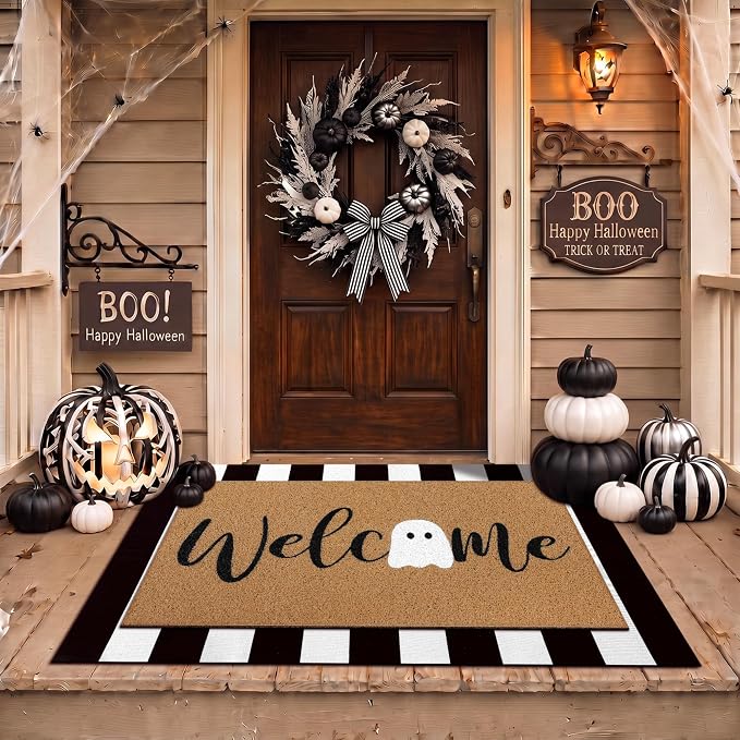 Tinideya 2 Pcs Halloween Welcome Mats for Front Door, Ghost Welcome Mat with Black White Buffalo Plaid Rug, Layered Doormat Set for Front Porch Entryway Outdoor Fall Decor