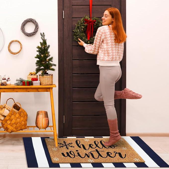 Moucuny 2 Pcs Hello Winter Door Mat Outdoor Snowflake Nature Coir Welcome Outdoor Rug Dark Blue White Stripe Front Door Rugs Non Slip Floor Mats for Winter Entrance Front Porch Decor