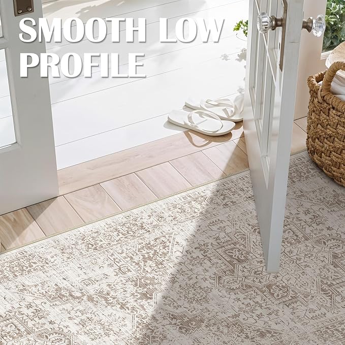 3x6 Washable Hallway Runner Rug - Non Slip Kitchen Runner Rugs with Rubber Backing Vintage Low-Pile Carpet Runners for Entryway Dining Room Laundry Room Home Decor (Cream/Camel)