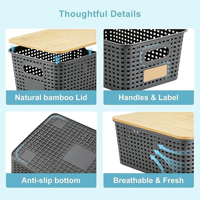 Bagnizer Small Plastic Storage Bins with Bamboo Lids 5.2qt Stackable Box Basket Pantry Decorative Containers Cute with Lable for Organizing Desktop Closet Office Gray of 6 packs 10 * 7.2 * 4.1"