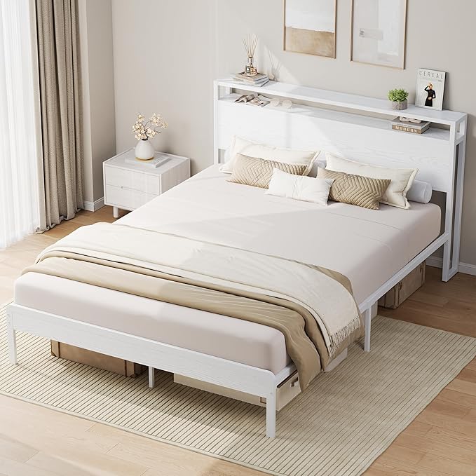 LIKIMIO Queen Bed Frame with 2-Tier Storage Shelf Headboard | Wood Platform Bed, Camas Queen with Strong Metal Supports, Sturdy, Noise-Free, No Box Spring Needed, White