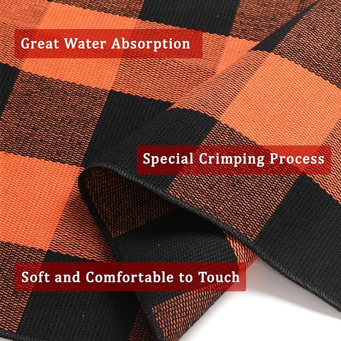 Buffalo Plaid Outdoor Rug 27.5" x 43" Orange and Black Checkered Area Rug Halloween Washable Doormats Fall Indoor Outdoor Rugs for Layered Front Door Mats, Porch, Entryway, Kitchen, Farmhouse