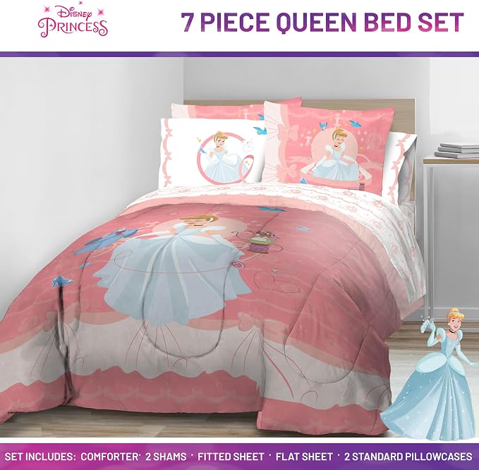 Disney Princess Cinderella Queen Comforter Set 7 Piece Kids Bedding, Pink | Bed in a Bag, Comforter Sheets Shams Pillowcases, Official Brand, Soft Microfiber, Machine Washable, Girls Gift