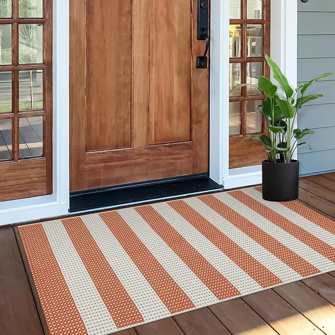 OJIA Front Door Rug 24"x51" Outdoor Door Mat Striped Porch Rug Fall Decor | Washable Front Door Mat Outside Entrance Small Area Rug Cotton Woven Carpet for Porch Kitchen Entryway Patio Orange/White