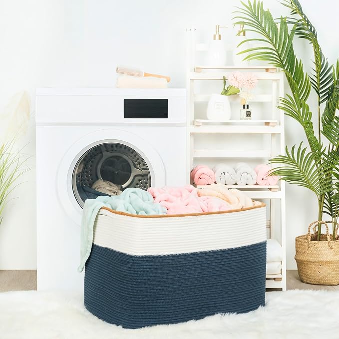 MINTWOOD Design 112L Extra Large Blanket Basket Holder Living Room, 25"x17"x16" Rectangle Rope Woven Storage Basket with Handles for Laundry, Towels, Shoes, Dog Toy Organizer Bin Box, Prussian Blue
