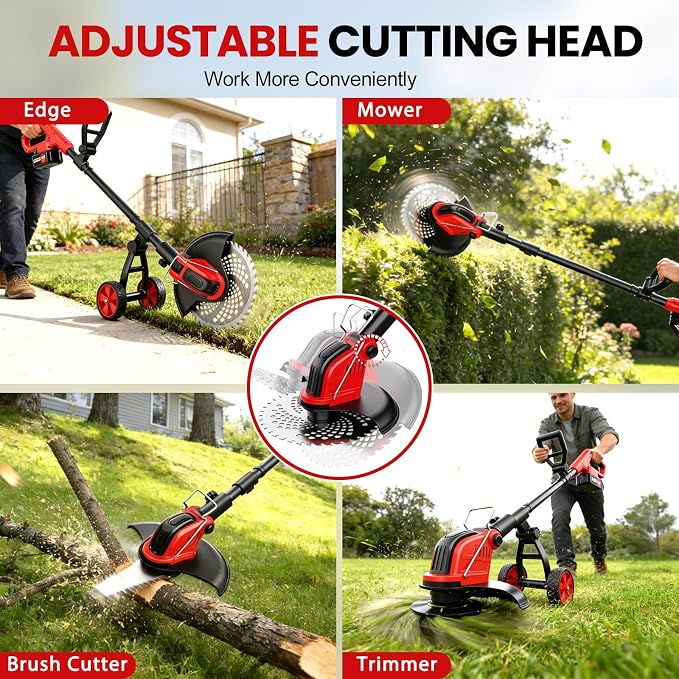 12-Inch Weed Wacker with Wheels, 2x3.0Ah 21V Battery Powered Weed Eater, Cordless Lawn Mower with 4 Types Blades, 20000RPM Electric Brush Cutter Grass Trimmer for Garden Yard