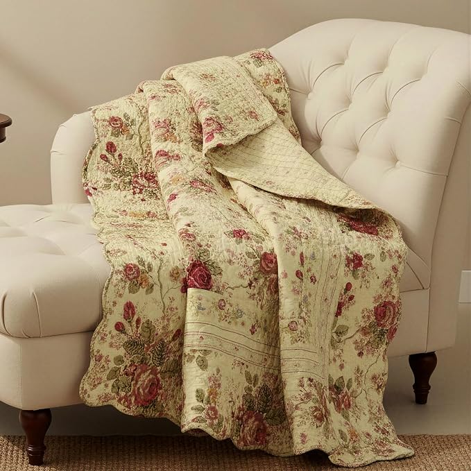 Greenland Home Fashions Antique Rose - Classic Traditional Floral - 100% Cotton Quilted Throw Blanket, 50 x 60 inches, Ecru