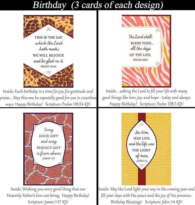 Birthday ~ No Repeated Designs~ 32 Cards and Designs ~ Christian/Religious Greeting Card Assortment #2 ~ Scripture in every card ~ Envelopes Included