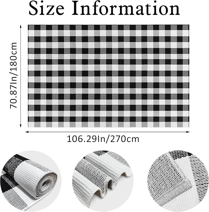 Buffalo Plaid Rug - 6x9 Feet, Black and White Checkered, Cotton Woven, Washable Indoor/Outdoor Area Rug for Living Room, Dining Room, Bedroom, Patio