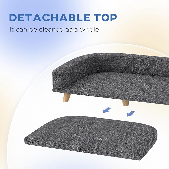 PawHut Dog Sofa Couch, Pet Bed with Comfortable Luxury Cushion, Washable Cover, Wooden Legs, Anti-Slip Mat for Large Dogs, Cats, Kittens, Dark Gray