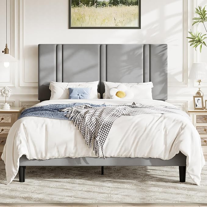 Allewie Full Size Platform Bed Frame with Adjustable Headboard | Plush Velvet Upholstered, Vertical Channel Tufted, Sturdy Wood Slats, No Box Spring Needed, Easy Assembly, Grey