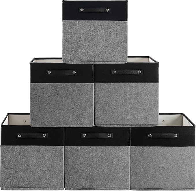 FinishingBo 13x13x13 Storage Cube Bins 6 Pack, Cube Shelf Baskets | Foldable Storage Cubes, Linen Storage Bins with Handles, Closet Organizers, Black/Gray