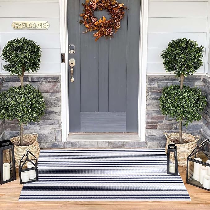 Blue and White Outdoor Rug 24'' x 51''Front Porch Rug Hand-Woven Machine Washable Indoor Layered Door Mats for Entryway/Bedroom