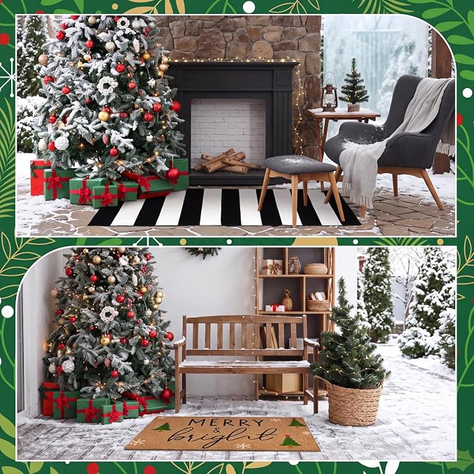 Moucuny 2 Pcs Christmas Door Mat Outdoor Merry Christmas Nature Coir Welcome Outdoor Rug Black White Stripe Xmas Front Porch Rugs Non Slip Floor Mats Entrance Decor