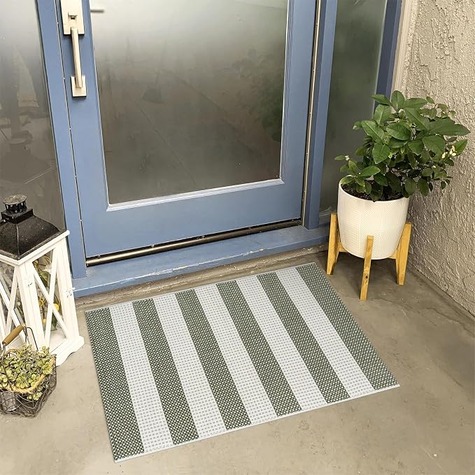Green and White Striped Rug-2x3 Front Door Mat Outdoor,Washable Reversible Porch Rug Cotton Hand-Woven Spring Doormat, Foldable Layered Door Mats for Entryway/Farmhouse