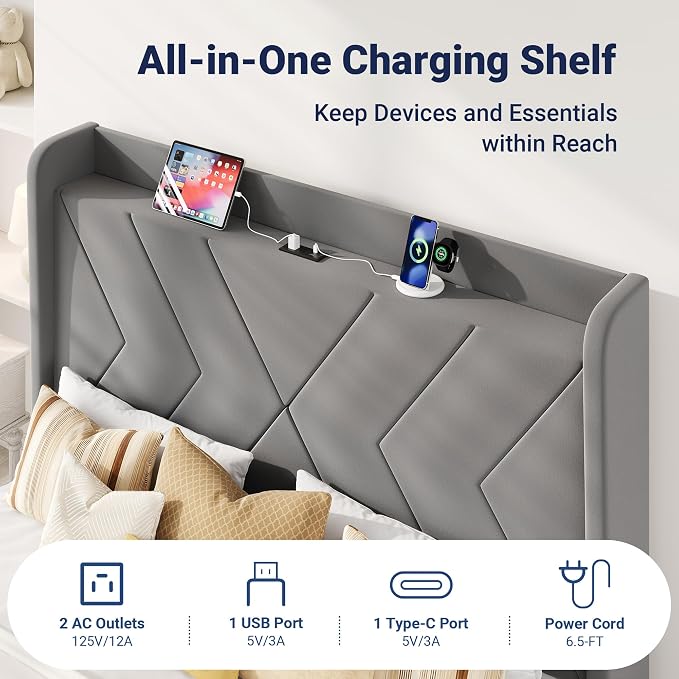 Allewie Full Size Platform Bed Frame with Charging Station and Storage Shelf/Upholstered Velvet Wingback Headboard/Wooden Slats Support/No Box Spring Needed/Easy Assembly, Grey