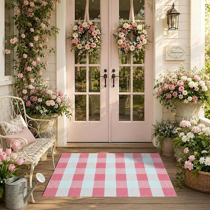 27.5"x43" Outdoor Rug, Pink and White Front Door Mat, Cotton Woven Entryway Rug, Washable Layering Rug for Front Porch Outdoor Decor