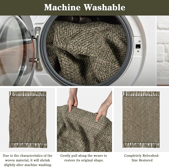 Collive 2' x 4.3' Indoor Outdoor Rug, Modern Farmhouse Moss Green Kitchen Runner Rugs Hand-Woven Bathroom Mat, Boho Washable Front Door Mats Reversible Entry Carpet for Laundry Bedroom Porch Decor
