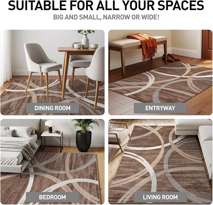 Rugshop Wavy Circles Modern Jute Backing Living Room Area Rug Brown 4' x 6' | Rectangular, Size 4' x 6', Bedroom, Dining Room, Home Office, Kitchen, Entryway, Hallway, Nursery, Kids Room, Guest Room