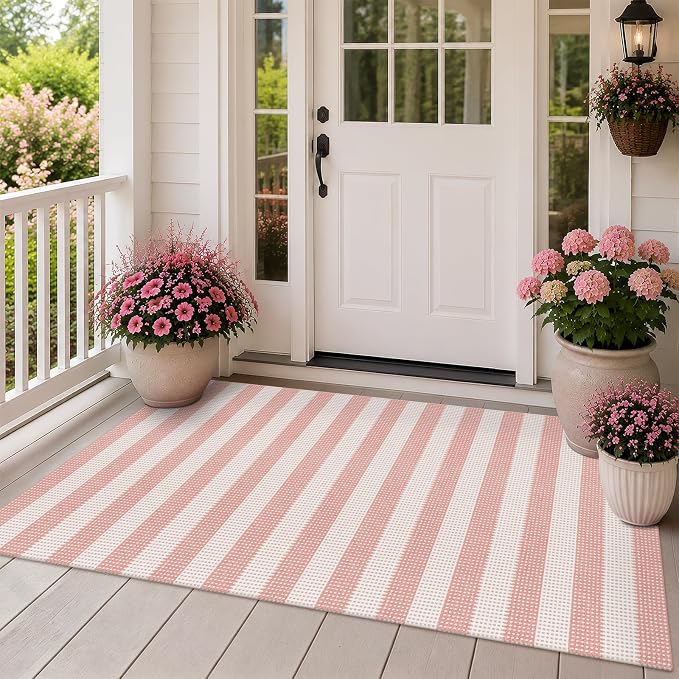 Rugalia Pink Woven Entryway Rug 3x5, Washable Striped Cotton Indoor Outdoor Doormat Low Plie Non-Slip Kitchen Mat, Modern Natural Floor Carpet for Porch Living Room Bedroom Patio