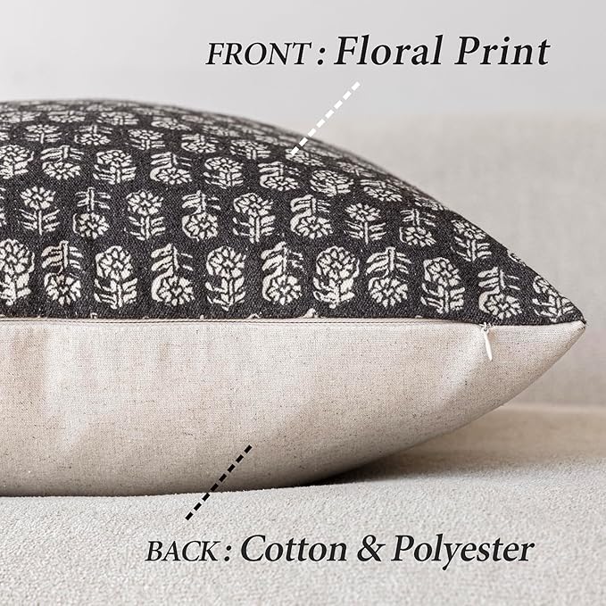 Foindtower Set of 2 Decorative Neutral Floral Print Throw Pillow Covers Vintage Accent Farmhouse Cushion Covers Boho Home Decor for Sofa Couch Chair Bedroom Living Room,18×18 Inch,Black