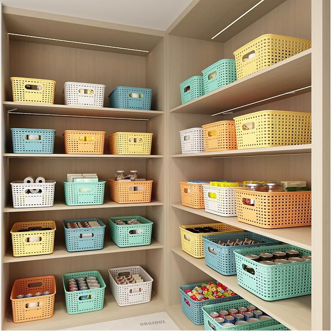 ORGIDOL Colorful Plastic Storage Baskets Bins for Home Organizing, 10 Pack | Space-Saving Storage Container with Handles, Multi-Purpose Storage Box, for Cabinet, Shelve, Countertop, Closet, Classroom