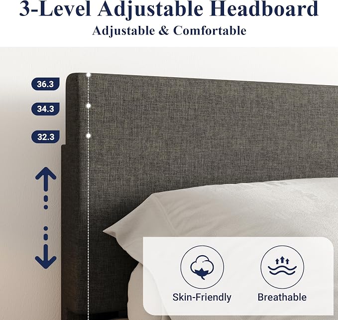 Allewie King Size Upholstered Bed Frame Adjustable Headboard, Dark Grey | Platform Bed with Heavy Duty Mattress Foundation, Noise-Free, Easy Assembly, Wood Slat Support, No Box Spring Needed