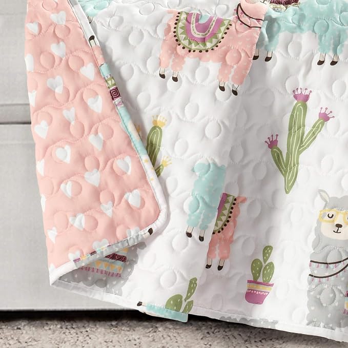 Lush Decor Southwest Llama Cactus Throw Blanket, 50" W x 60" L, White & Blush - Toddler Blanket - Cute Reversible Boho Quilted Throw for Kids Room