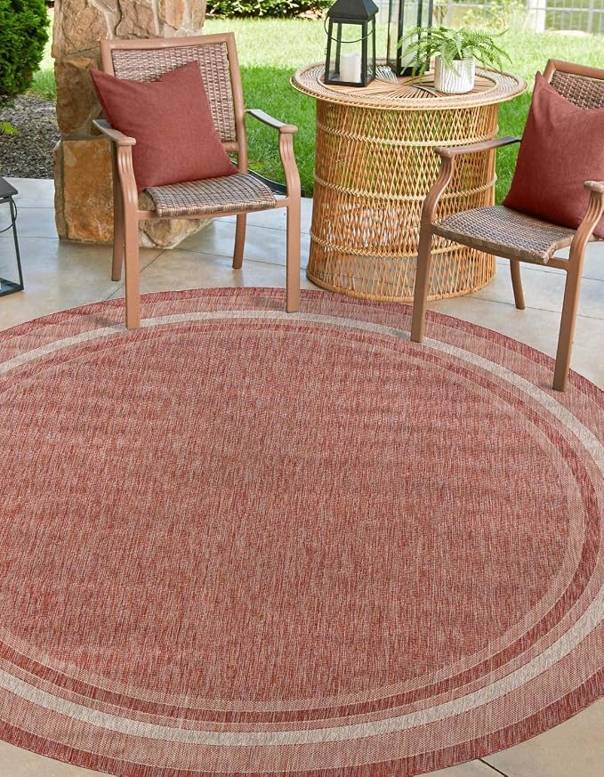 Unique Loom Outdoor Border Collection Area Rug - Soft Border (5' 3" Round Rust Red/Ivory)