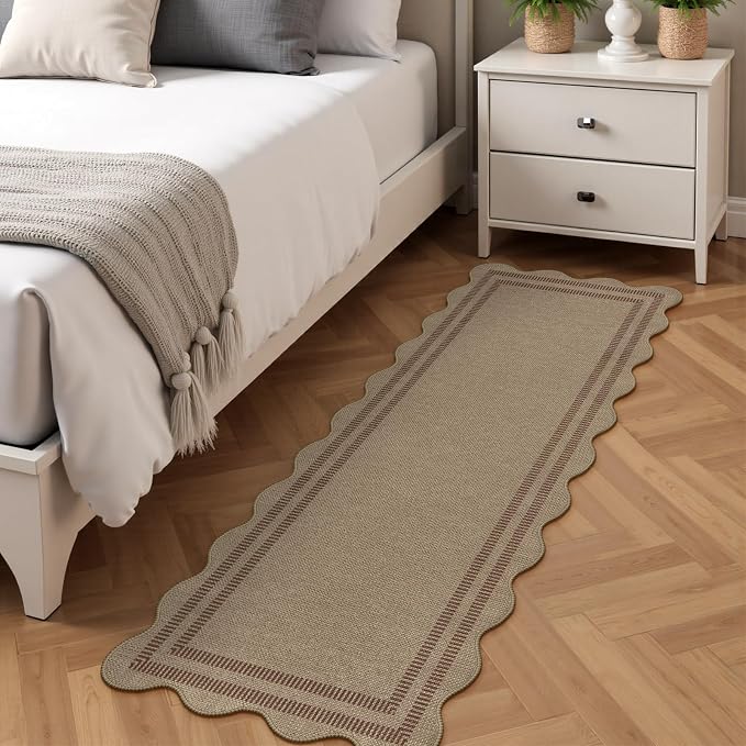 Scalloped Easy Jute 2x6 Kitchen Runner Rug, Washable Rugs for Entryway Non Slip Outdoor Indoor Hallway Rug, Farmhouse Brown Carpet for Entry Bedroom Laundry