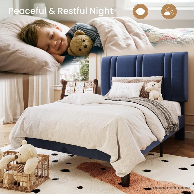 SHA CERLIN Twin Size Velvet Bed Frame with Adjustable Headboard, Blue | Vertical Channel Tufted Design, Upholstered Platform Bed, Wood Slats Support/No Box Spring Needed/Easy Assembly