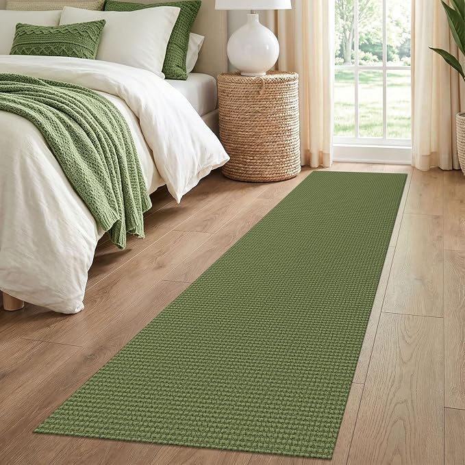 IOHOUZE Washable Runner Rug 2x8 Non Slip Rubber Backed Hallway Runner Entryway Runner Indoor, Kitchen Rugs Woven Cotton Floor Carpet for Kitchen Hall Entrance Bedroom, Olive Green/Earthy Green