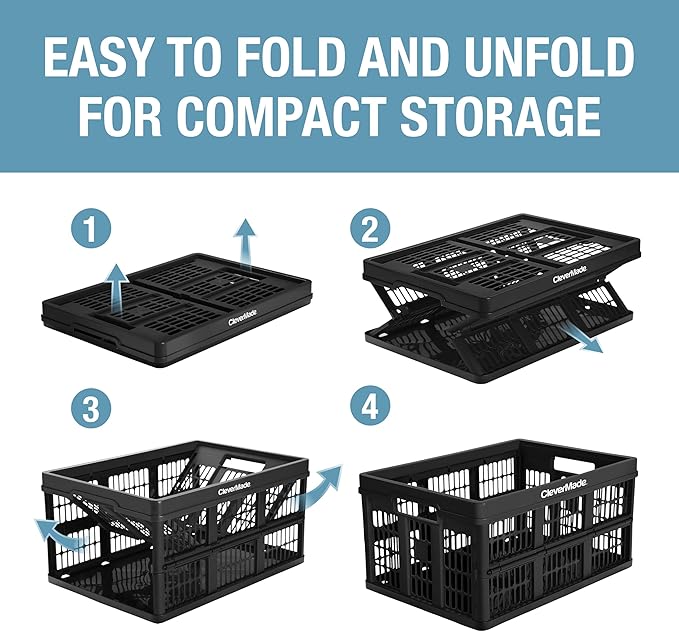 CleverMade Collapsible Utility Crates, 45L, 3 Pack, Obsidian | Interlocking crates stack open or folded and carry 66 lb each. Side handles make groceries, tools, and gear easier to move.
