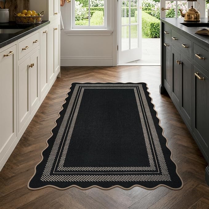 LIVEBOX Scalloped Washable 3x5 Outdoor Rug, Black Easy Jute Rug for Entryway Kitchen, Indoor Non Slip Patio Rugs Farmhouse Neutral Carpet for Bedroom Living Room Backyard Front Door Mat Porch Decor