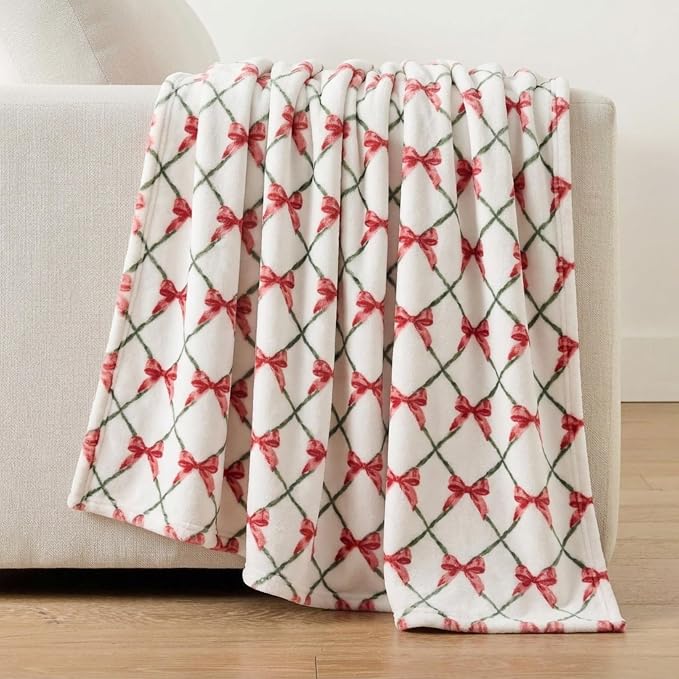 Martha Stewart - Blanket, Incredibly Soft Throw Blanket for Couch or Bed, Printed Plush & Oversized Bedding (Emmas Bow White, 60" x 70")