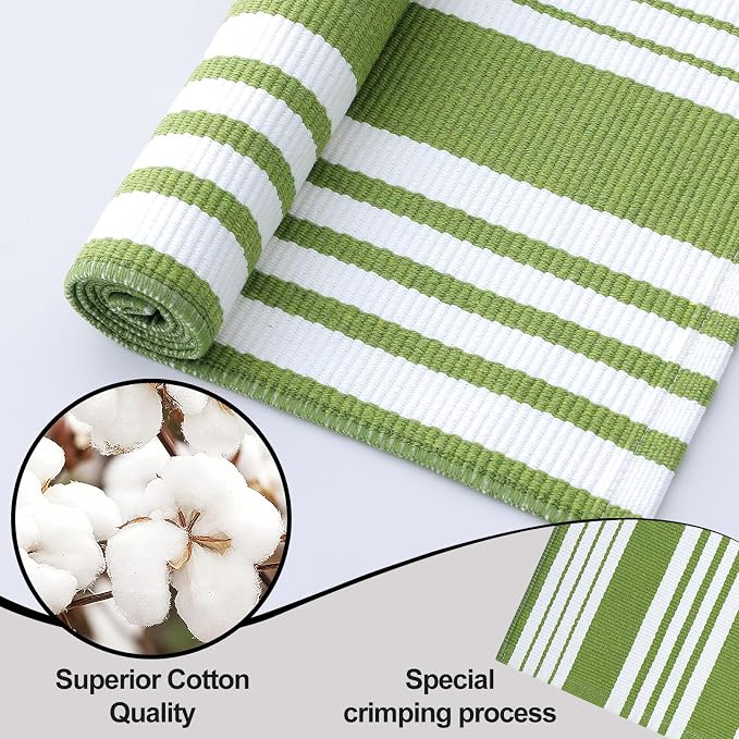 OLANLY Green and White Classic Striped Rug 2' x 4'3" (24" x 51") – Washable Cotton Indoor Outdoor Doormat for Front Door, Entryway, Kitchen, Porch, Patio Decor