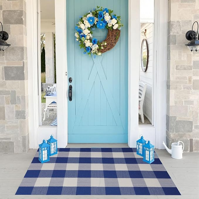 Buffalo Plaid Outdoor Rug 27.5" x 43" Blue and White Checkered Area Rug Washable Doormats Indoor Outdoor Rugs for Layered Front Door Mats, Porch, Entryway, Kitchen, Farmhouse