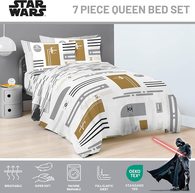 Jay Franco Star Wars Queen Comforter Set 7 Piece Soft Modern Bedding, White | Bed in a Bag, Comforter Sheets Shams Pillowcases, Official Product, Soft Microfiber, Machine Washable, Fan Gift