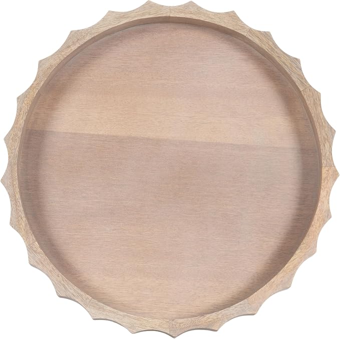 Kate and Laurel Lissi Decorative Round Tray with Wavy Design; 15 Inch Diameter; Natural Wood; Modern Scalloped Circle Serving Tray for Coffee Table Ottoman; Dining Table; or Entryway Tray